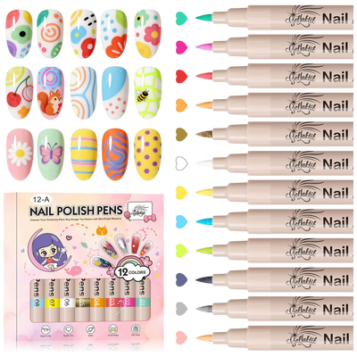 12 Colors 3D Nail Art Pens Set – Quick-Drying Acrylic Nail Paint Markers with Dotting & Liner Brush
