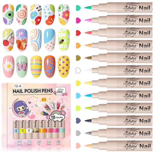 12 Colors 3D Nail Art Pens Set – Quick-Drying Acrylic Nail Paint Markers with Dotting & Liner Brush