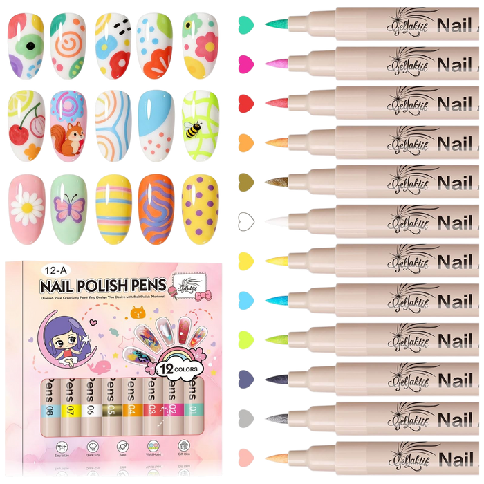 12 Colors 3D Nail Art Pens Set – Quick-Drying Acrylic Nail Paint Markers with Dotting & Liner Brush