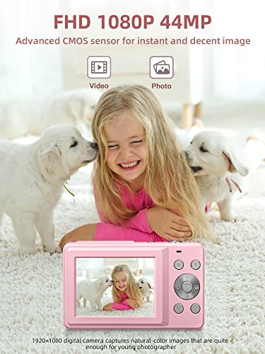 Camkory Digital Camera FHD 1080P with 32G Card 16X Zoom Easy for Kids Pink