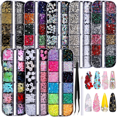 FANDAMEI Nail Charms & Rhinestones Kit – 8 Boxes 3D Nail Gems, Pearls & Flatback Crystals