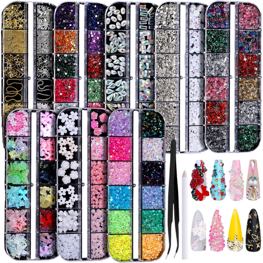 FANDAMEI Nail Charms & Rhinestones Kit – 8 Boxes 3D Nail Gems, Pearls & Flatback Crystals