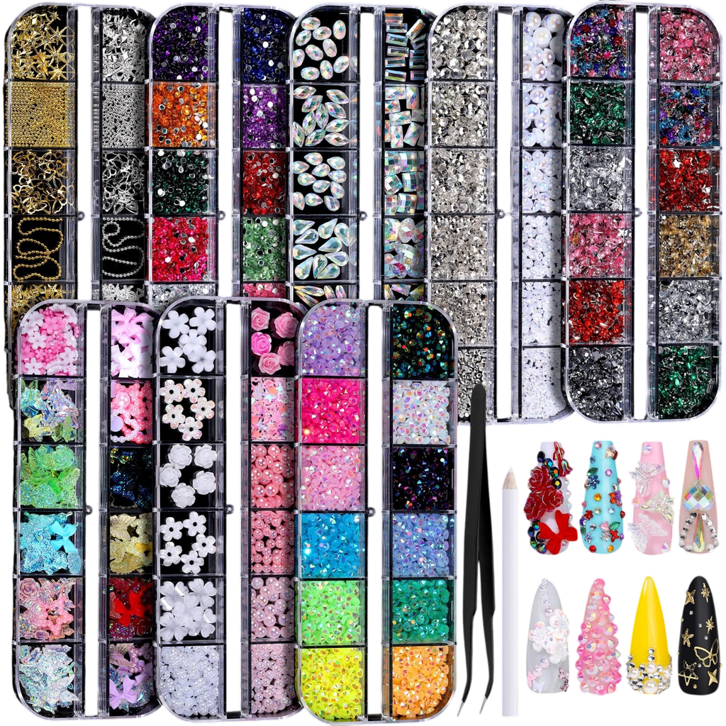 FANDAMEI Nail Charms & Rhinestones Kit – 8 Boxes 3D Nail Gems, Pearls & Flatback Crystals