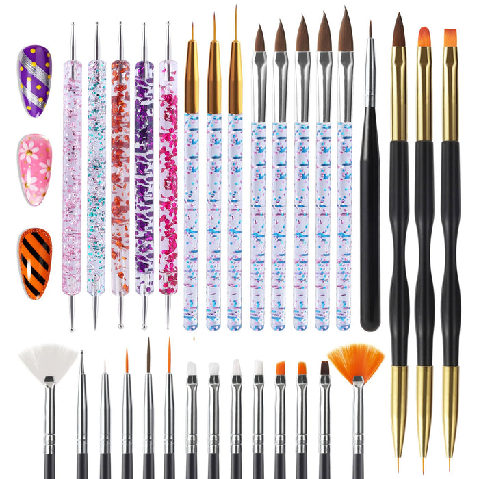 Artdone 31PCS Nail Art Brushes & Tools Set – Dotting Tools, Striping Brushes & Dust Brush