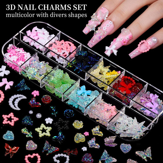 FANDAMEI Nail Charms & Rhinestones Kit – 8 Boxes 3D Nail Gems, Pearls & Flatback Crystals - alternate view