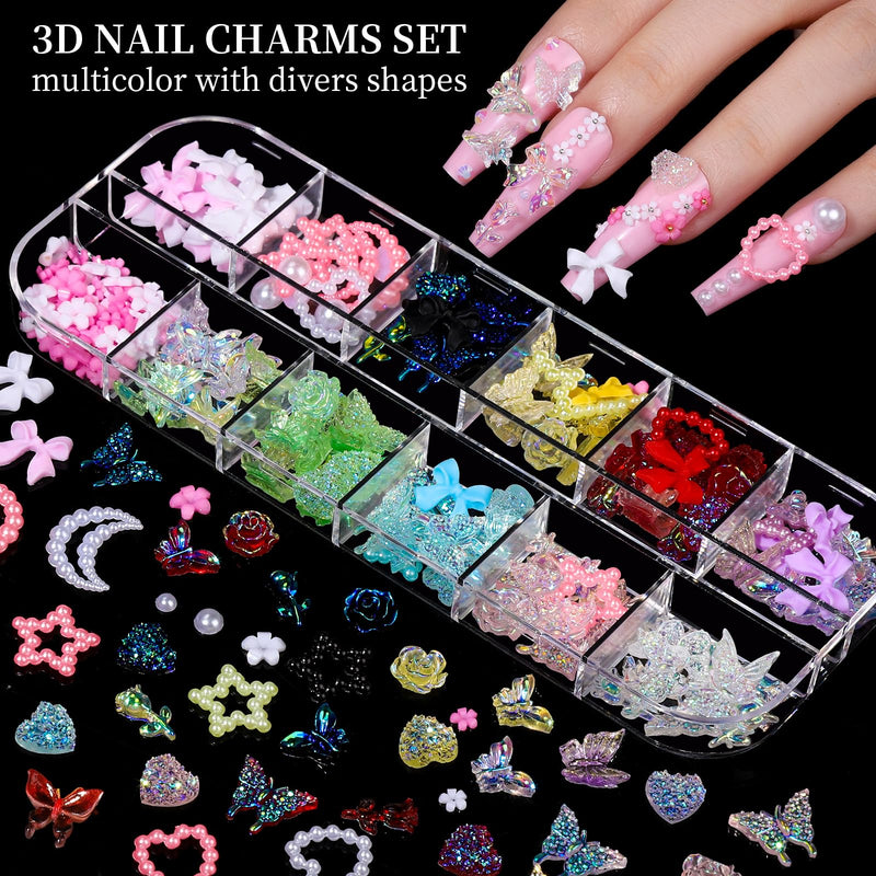 FANDAMEI Nail Charms & Rhinestones Kit – 8 Boxes 3D Nail Gems, Pearls & Flatback Crystals