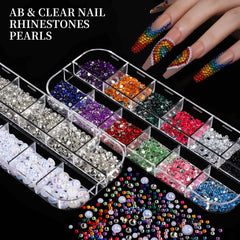 FANDAMEI Nail Charms & Rhinestones Kit – 8 Boxes 3D Nail Gems, Pearls & Flatback Crystals