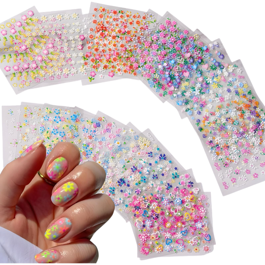 SPLOCUDU 30 Sheets 3D Nail Art Stickers – Colorful Daisy, Floral & Heart Self-Adhesive Decals