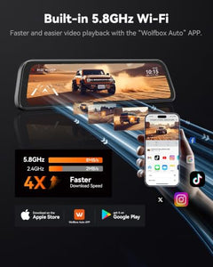 WOLFBOX G840S 12" 4K Mirror Dash Cam Backup Camera with 32GB Card and GPS